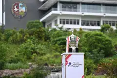 The Singapore Open trophy on display at the Singapore Island Country Club in 2025. This year's event will take place at the Sentosa Golf Club on Apr 23 to 26.