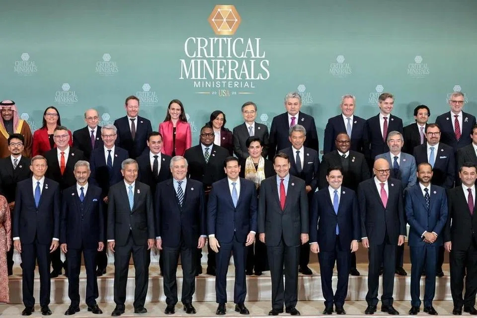 US Secretary of State Marco Rubio and other government officials posing for a family photo at the Critical Minerals Ministerial, at the US State Department in Washington, on Feb 4.