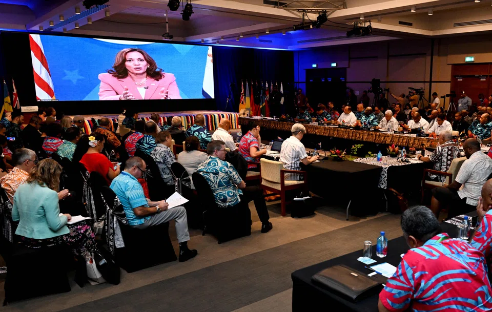 US Vice-President Kamala Harris speaking via video-link at the Pacific Islands Forum in Suva on July 13, 2022.