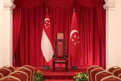 The President's chair at the Istana, flanked by the state and presidential flags. More than 2.7 million voters are eligible to vote at the Presidential Election on Sep 1.