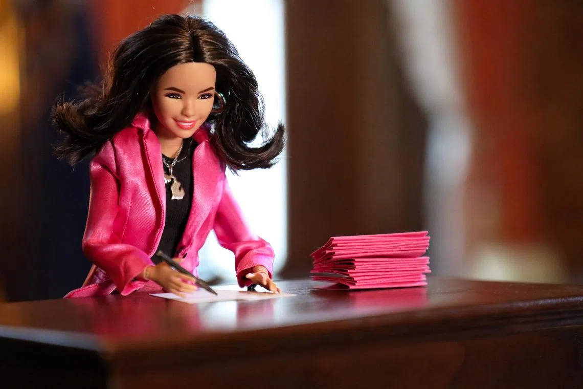 In an undated image provided by Julia Pickett/Michigan Governors Office, Michigan Gov. Gretchen Whitmer, rendered in Barbie form by her staff. 
