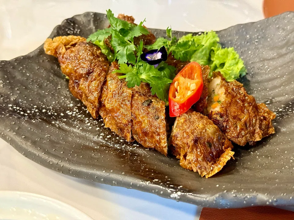 Chunky water chestnuts are mixed into the ngoh hiang filling.