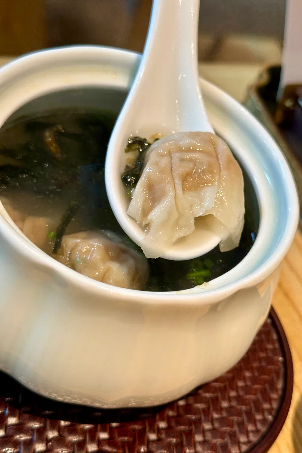 Seaweed soup with pork dumplings.