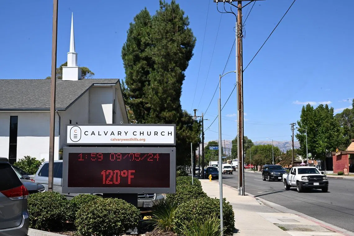 The thermometer screen at the Cavalry Church displays a temperature reading of 120 degrees on Sep 5, 2024 in Woodland Hills, California. It is also known as the neighbourhood with the most brutal weather in all of Los Angeles during heat waves.