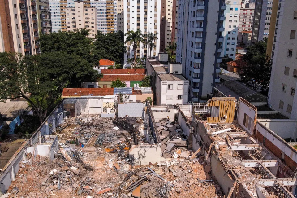 Aerial view of house demolition in the Pinheiros neighbourhood in São Paulo. A controversial urban planning law relaxing limits on skyscrapers in 2014, has unleashed a wave of high-rise projects – but failing, critics say, in its aim of creating lower-income housing with easy access to public transportation.