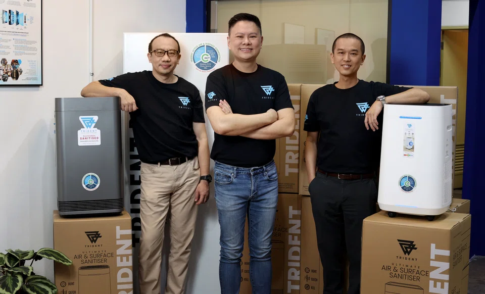 Plasma Science chief executive Samuel Teh flanked by his co-founders, scientists Davy Cheong (left) and Ivan Tan (right).