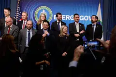 Scientists, engineers and administrators from the Lawrence Livermore National Laboratories at the Department of Energy headquarters in Washington, DC, after the announcement of a breakthrough in fusion research on Dec 13.