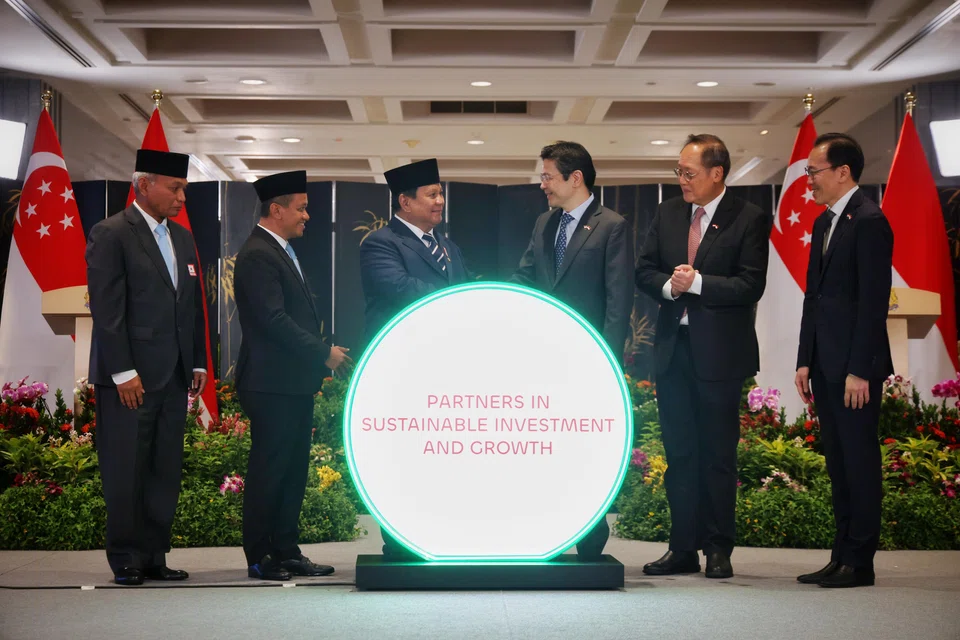 From left: Head of Indonesia's upstream oil and gas authority Djoko Siswanto; Indonesian Minister of Energy and Mineral Resources Bahlil Lahadalia; Indonesian President Prabowo Subianto; Singapore's Prime Minister Lawrence Wong; Manpower Minister Dr Tan See Leng; and Permanent Secretary (Trade and Industry) Dr Beh Swan Gin at Parliament House. 