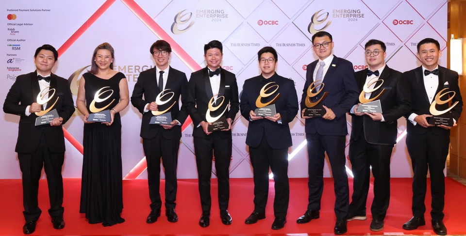 Emerging Enterprise 2024 Awards winners., from left: Ng Shin, co-founder and CEO of RushOwl Singapore; Jlynn Chen, founder & CEO of The Powder Shampoo; Edward Chia, managing director of Life Lab Resources; Tommy Phun, founder and CEO of Pyxis Maritime; Joshua Chandra, co-founder of PT Peduli Alam Nusantara (Plana);  Dr Miles Wen, co-founder and CEO of Fano Labs; Dr Ong Guan Hong, CEO of Pancare Medical; and Brian Ng, director of Kskin Management.