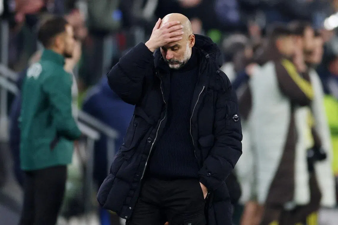 Manchester City manager Pep Guardiola reacts after his team's 2-0 Champions League defeat to Juventus, Turin, Italy, Dec 11, 2024.