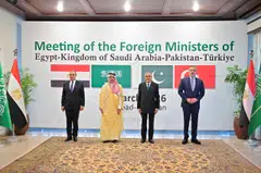 From left: Egyptian Foreign Minister Badr Abdelatty, Saudi Foreign Minister Prince Faisal bin Farhan, Pakistan Deputy Prime Minister Ishaq Dar and Turkish Foreign Minister Hakan Fidan in Islamabad, Pakistan on Mar 29.