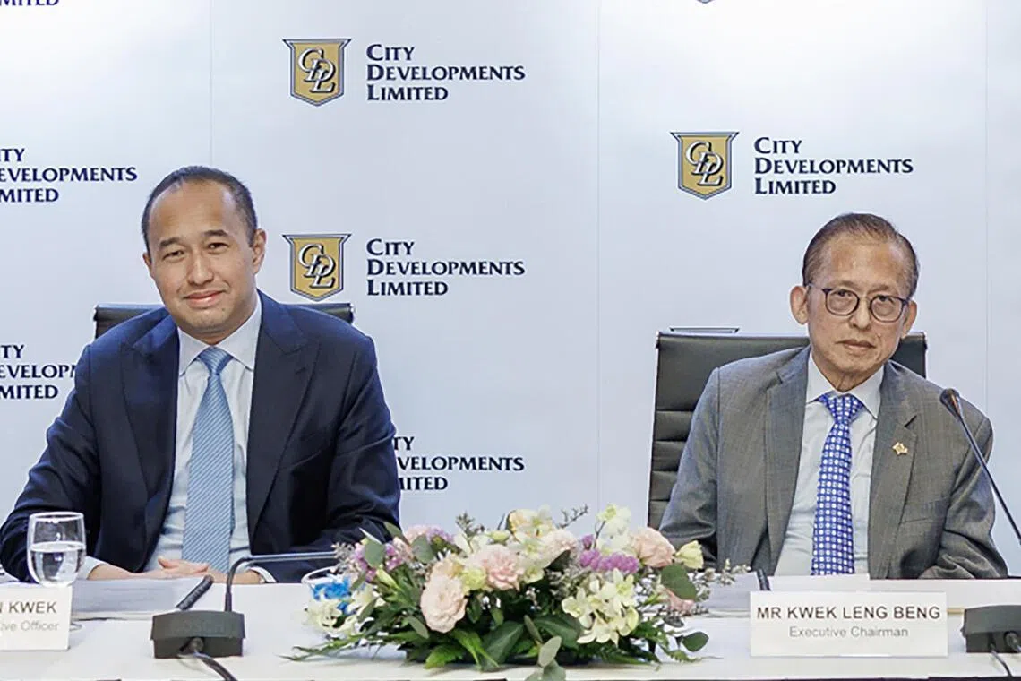 Sherman Kwek, group chief executive officer (left) and his father, executive chairman Kwek Leng Beng, at a CDL media briefing on Feb 28. “We have taken decisive steps to unlock value from mature and non-core assets while selectively redeploying capital to drive growth," says Sherman Kwek.