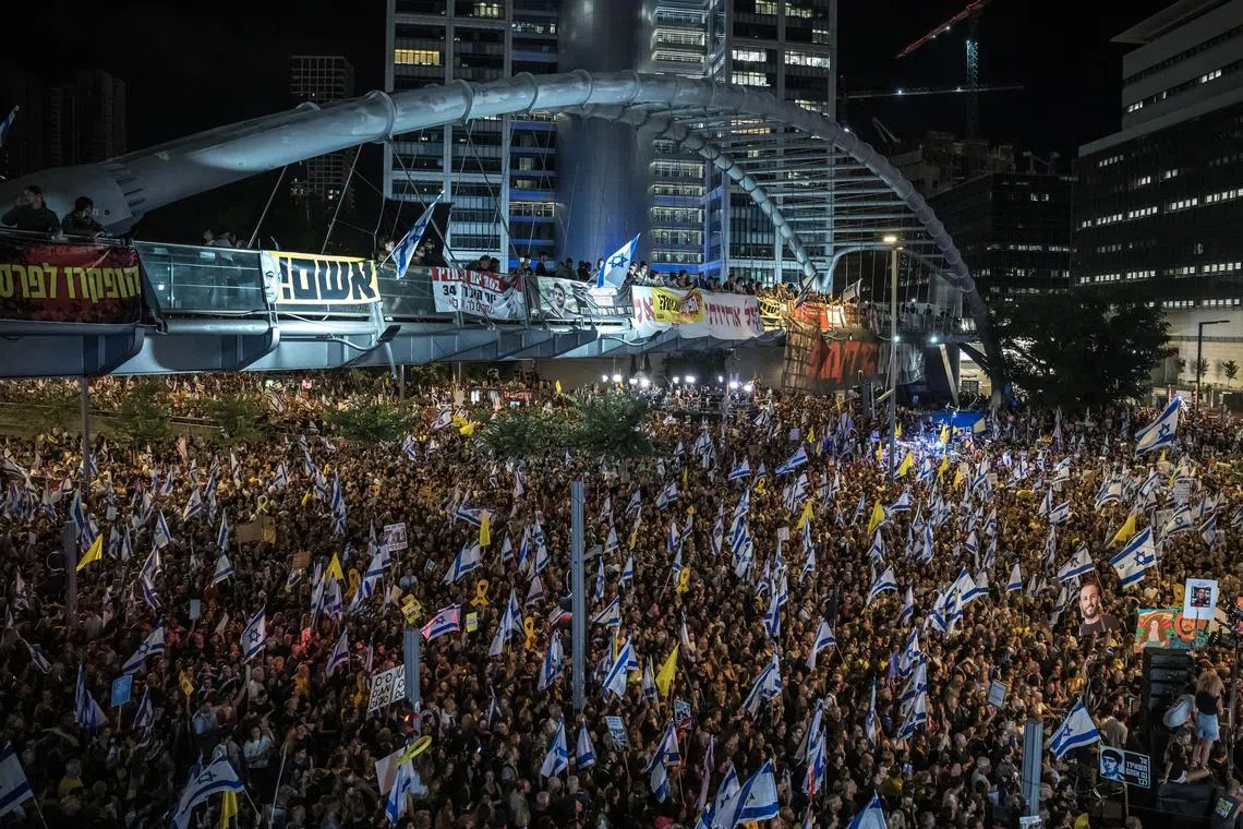 Hundreds of thousands of Israelis demonstrated across the country on Sunday, the largest protests since the deadly invasion by Hamas militants that triggered the ongoing war nearly 11 months ago. 