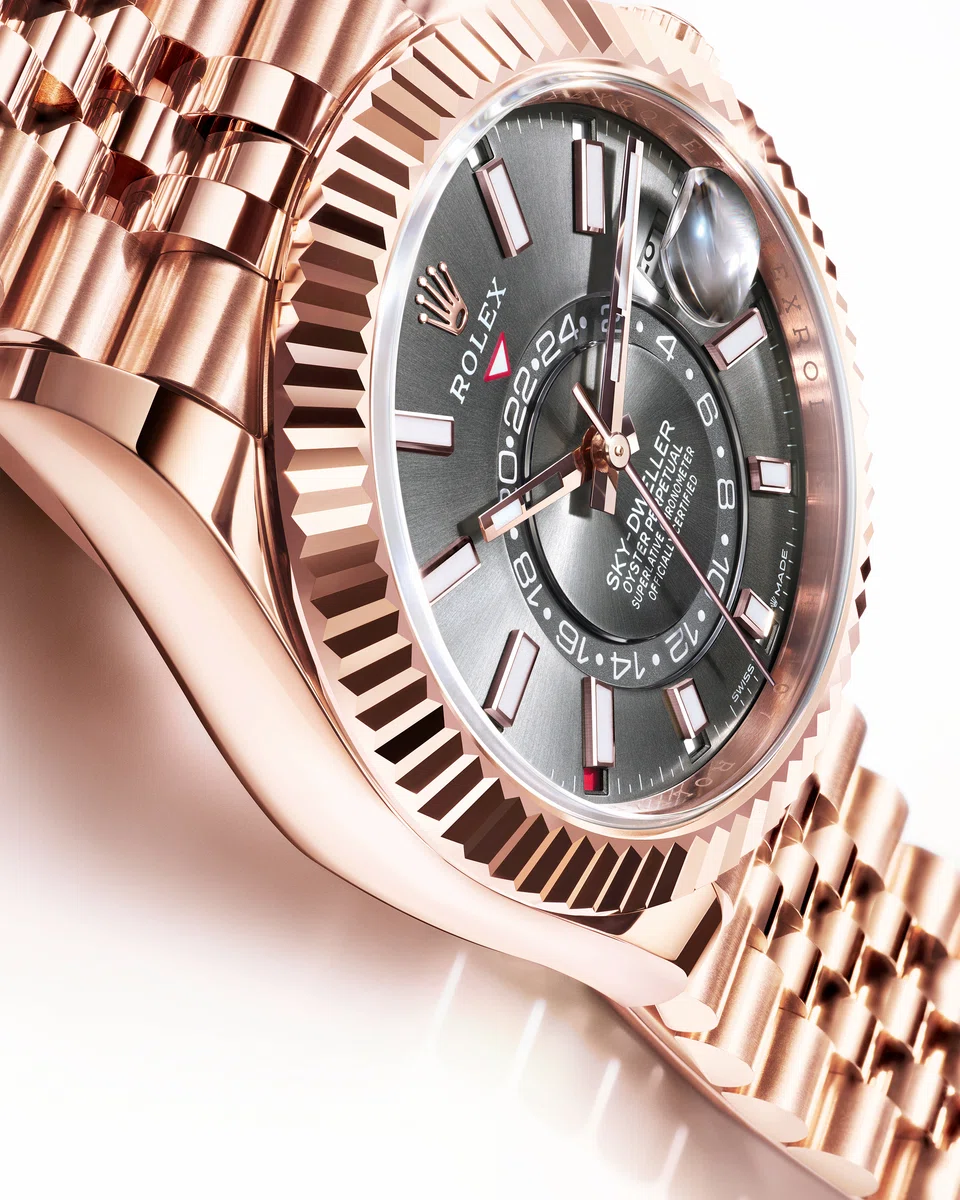 One of the two versions of the Oyster Perpetual Sky-Dweller is crafted in 18-ct Everose gold.