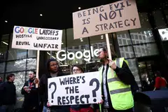 Google staff protesting against alleged union busting and layoffs outside the Kings Cross headquarters in London, Britain, April 4, 2023. 