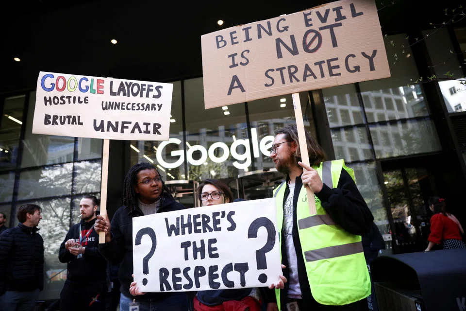 Google staff protesting against alleged union busting and layoffs outside the Kings Cross headquarters in London, Britain, April 4, 2023. 