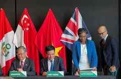 UK Secretary of State for Business and Trade Kemi Badenoch (in blue jacket) at a meeting of trade ministers in New Zealand on Jul 16, 2023. On her right are Singapore's Trade and Industry Minister Gan Kim Yong and Vietnam's Minister of Trade and Industry Nguyen Hong Dien.