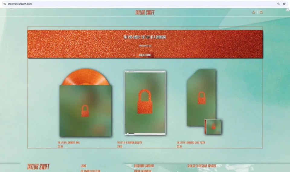 Her online shop displayed blurred images of a record, CD and cassette tape overlaid with a glittery orange lock, explaining the album artwork would be “revealed at a later date”.