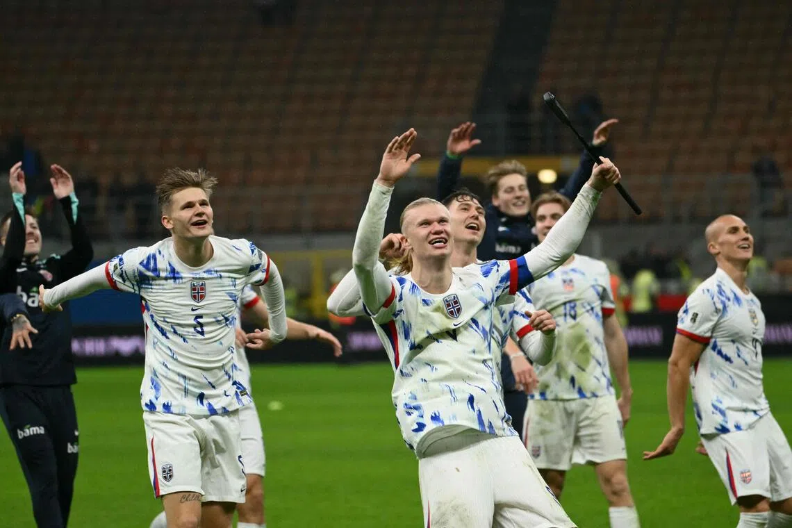 Norway's captain Erling Haaland celebrates with teammates after winning their match between Italy and Norway, Milan, Italy, Nov 16, 2025. 