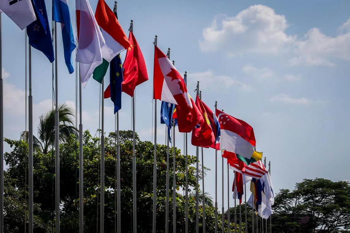 Asean country flags in Laos, ahead of last month's clutch of Asean summits. Total fintech investment into Asean stood at US$1.41 billion in the first nine months of 2024. 