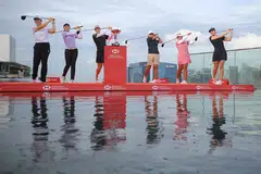 From left: Golfers Yin Ruoning, Jeeno Thitikul, Hannah Green, Shannon Tan, Lilia Vu and Charley Hull by the SkyPark Infinity Pool at Marina Bay Sands.