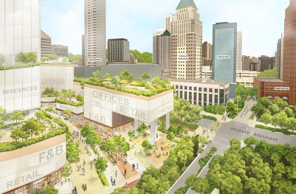 An artist's impression of a new community space and amenity hub for the Paterson neighbourhood on top of the Orchard MRT interchange station.