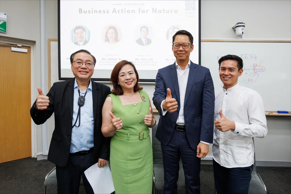 Panellists who spoke at the release of the study were: (from left) CGS' Professor Lawrence Loh; City Developments' sustainability chief Esther An; UOB sustainability chief Eric Lim; and chief executive of startup Fashion Pulpit Raye Padit.