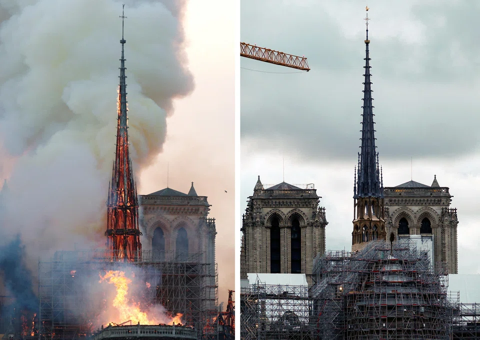 A combination picture shows smoke billowing as fire engulfs the spire of Notre Dame Cathedral in Paris on April 15, 2019 (top) and a view of the new spire, surmounted by the rooster and the cross as restoration works continue.