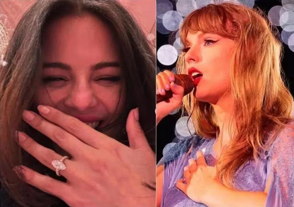 When Selena Gomez (left) announced her engagement to Benny Blanco, she posted photos of herself wearing a marquise diamond engagement ring; on Instagram, Taylor Swift (right) offered to be the “flower girl” at the wedding.