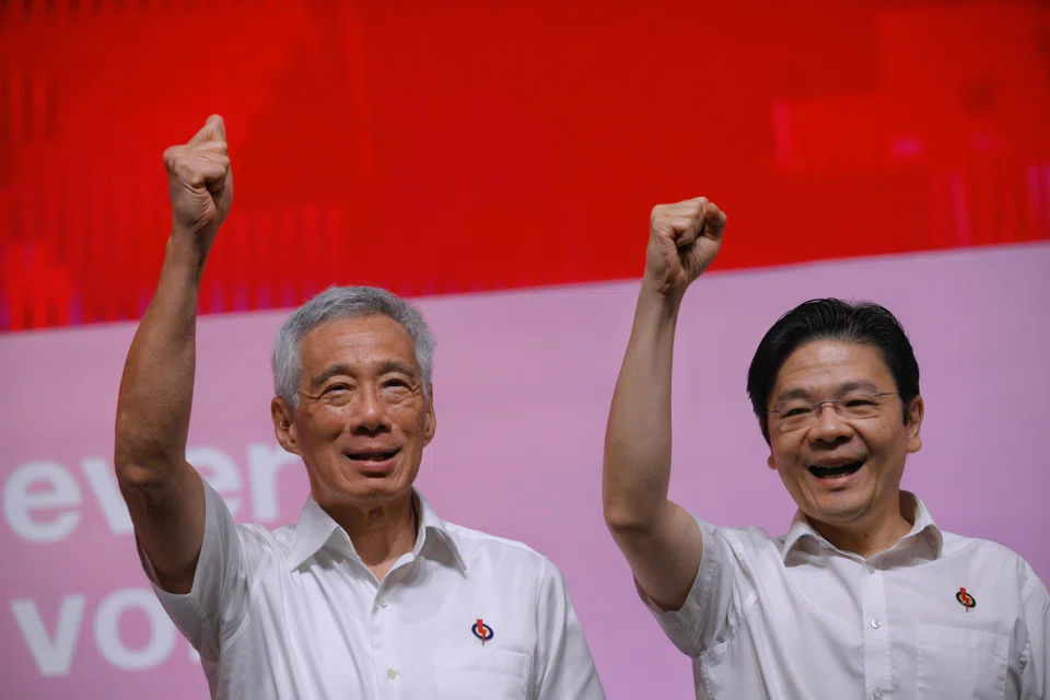 Prime Minister Lee Hsien Loong (left) and Deputy Prime Minister Lawrence Wong at the PAP Awards and Convention on Nov 5.