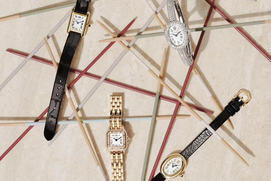 From left: Tank Louis Cartier, Panthere de Cartier, Baignoire with leather strap, Baignoire with all-gold bangle.