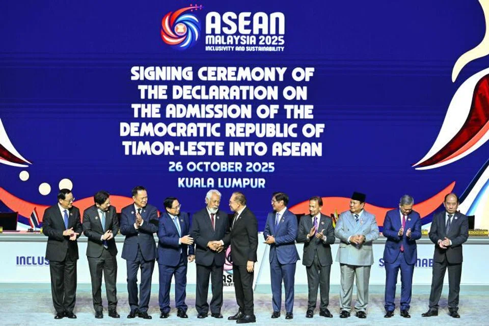 Timor-Leste is now officially the 11th member country of Asean bloc, following the  the declaration on the admission. Timor-Leste PM Xanana Gusmao (fifth from left) was congratulated by other leaders during the summit.