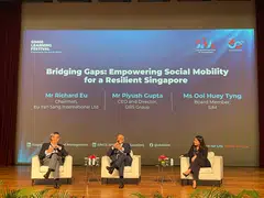 From left: Richard Eu, chairman of Eu Yan Sang International; Piyush Gupta, DBS chief executive and director; and panel moderator Ooi Huey Tyng, board member at SIM.