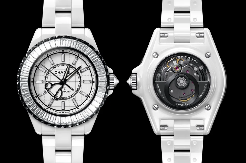 J12 Couture 33MM in white ceramic with baguette diamonds.
