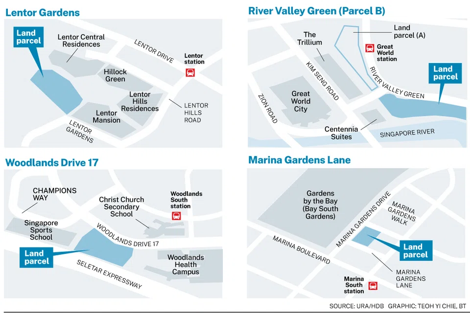 Sites to be sold at Lentor, River Valley Green, Marina Gardens, Woodlands.