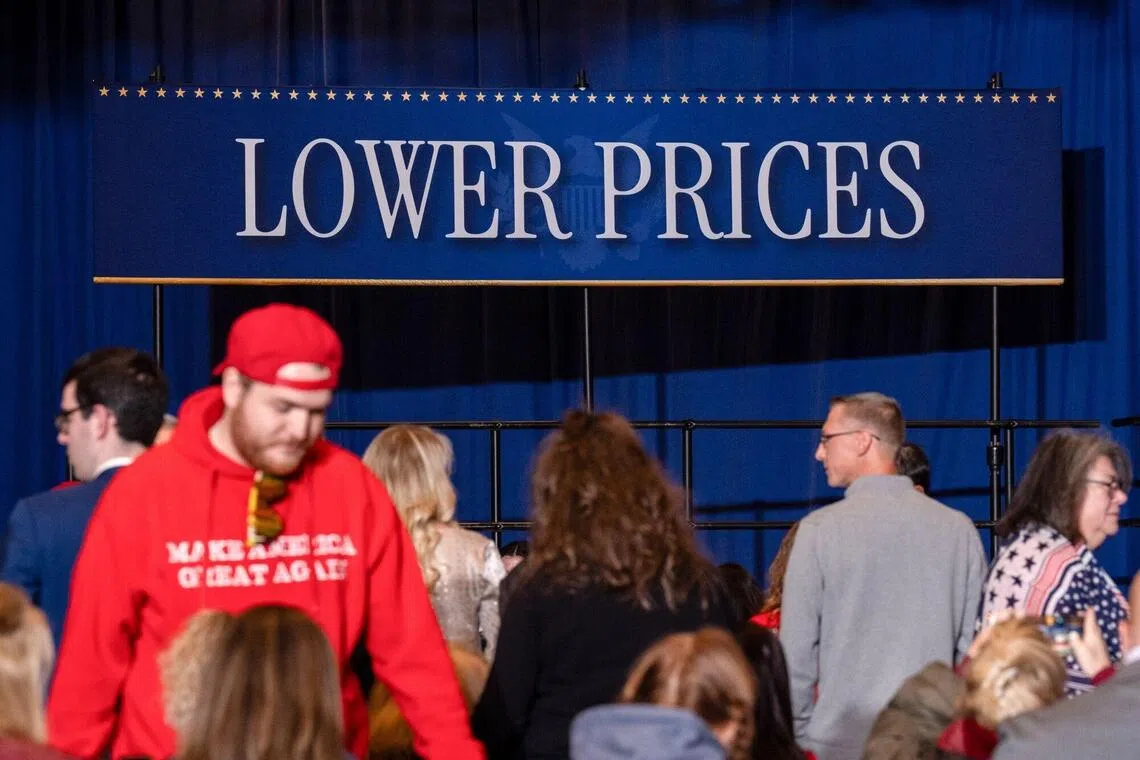"Lower Prices" signage prior to a speech by US President Donald Trump at Mount Airy Casino Resort in Mount Pocono, Pennsylvania, Dec 9, 2025. 