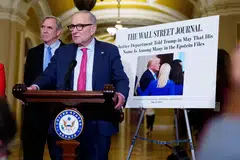 US Senate Minority Leader Chuck Schumer speaks during a press conference outside the Senate Chamber of the Capitol Building in Washington, Washington, D.C., Nov 19, 2025.