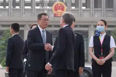 US Secretary of State Antony Blinken (back to camera) being greeted by Yang Tao, director-general of the Department of North American and Oceanian Affairs, in Beijing in April. The subject of AI was broached in Blinken's meeting with Foreign Minister Wang Yi. 