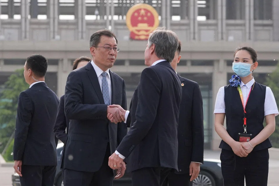 US Secretary of State Antony Blinken (back to camera) being greeted by Yang Tao, director-general of the Department of North American and Oceanian Affairs, in Beijing in April. The subject of AI was broached in Blinken's meeting with Foreign Minister Wang Yi. 