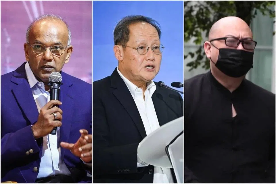 Home Affairs Minister K Shanmugam (left) and Manpower Minister Tan See Leng (centre) were each awarded $210,000 in damages in defamation suits filed against The Online Citizen chief editor Terry Xu (right).