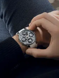 The latest LM Perpetual EVO is in titanium, but has a new icy blue dial plate. Like the earlier versions, it comes with an integrated rubber strap.