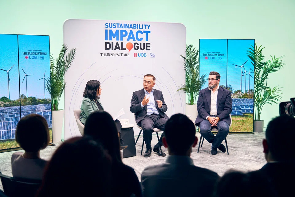 Yoon Young Kim (centre), cluster president for Singapore and Brunei at Schneider Electric, and Nat Bullard (right), co-founder and chief strategy officer of Halcyon. They shared their views on unlocking opportunities in the green energy transition during a panel discussion moderated by Melissa Moi, head of sustainable business at UOB.