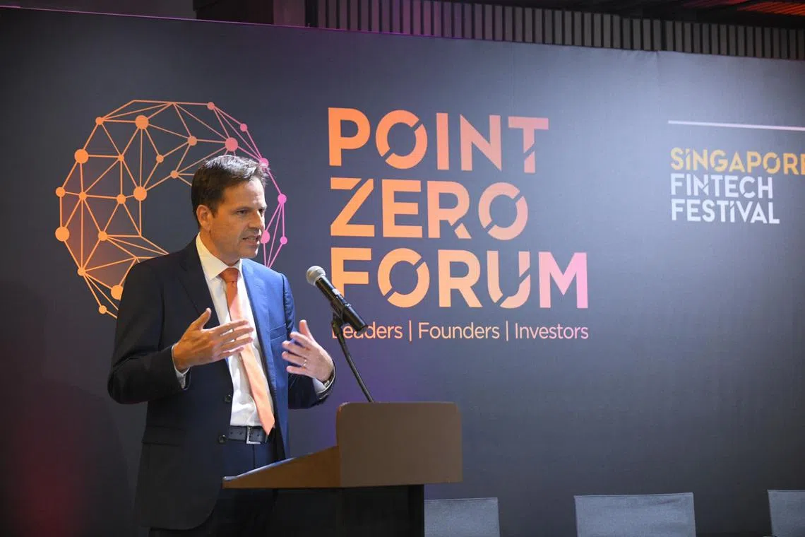 Frank Grütter speaking on the Point Zero Forum during the Singapore Fintech Festival. The Point Zero Forum is a three-day gathering in Switzerland and an outcome of Swiss-Singapore finance cooperation at the government level.