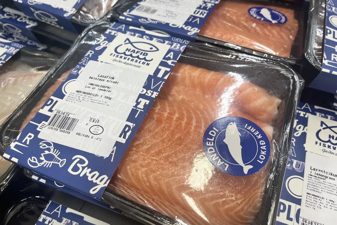 Packets of salmon in Icelandic supermarkets are labelled to indicate that the fish is farmed in land-based facilities.