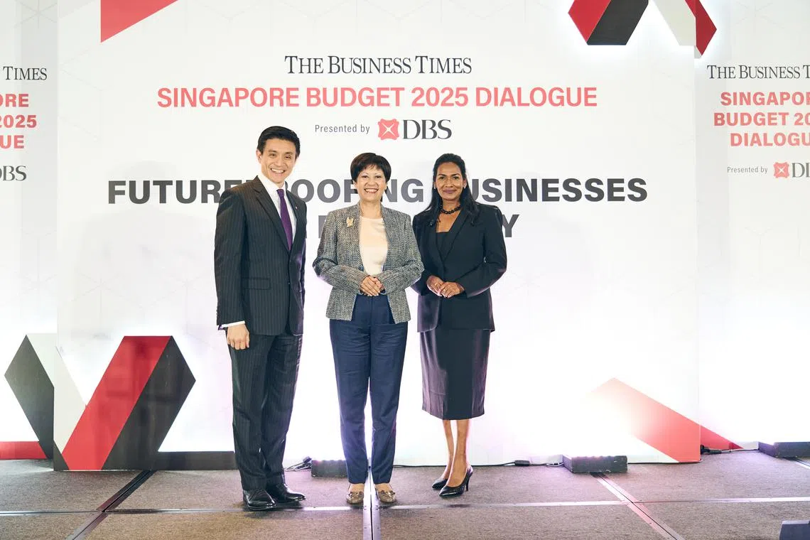 From left: DBS group head of institutional banking Han Kwee Juan and Second Minister for Finance and National Development Indranee Rajah, with panel moderator Anita Gabriel, deputy news editor at The Business Times.