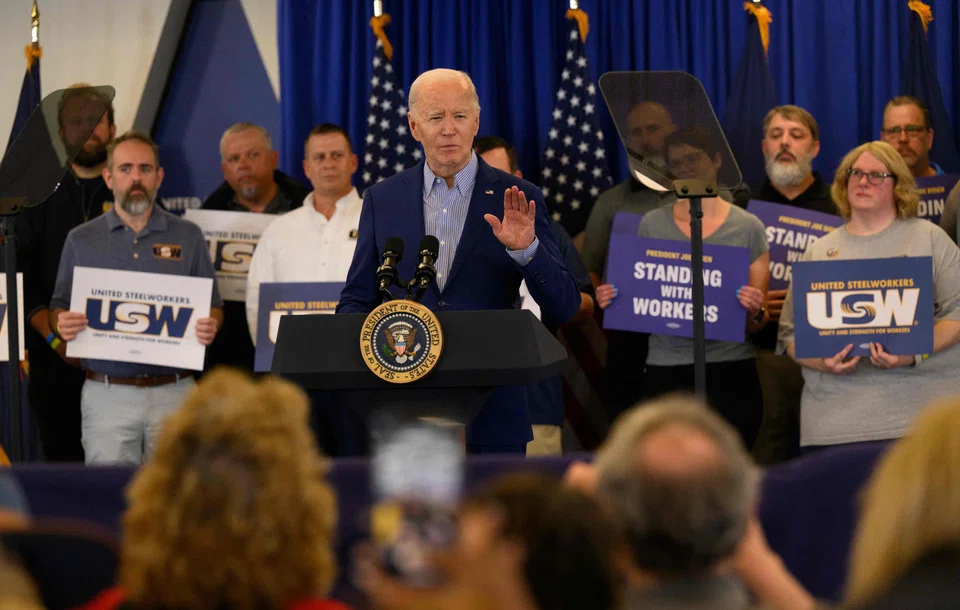 US President Joe Biden speaks to members of the United Steel Workers Union at its headquarters in Pittsburgh, Pennsylvania, April 17, 2024. Biden announced new actions to protect American steel and shipbuilding industries including hiking tariffs on Chinese steel.  
