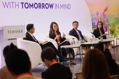 Panellists (from left) Alpin Mehta, head, real estate,  Temasek; Png Chin Yee, chief financial officer, Temasek; Chia Song Hwee, deputy chief executive officer, Temasek; and Connie Chan, head, financial services, Temasek, at the Temasek Review 2024 media conference on Jul 9.