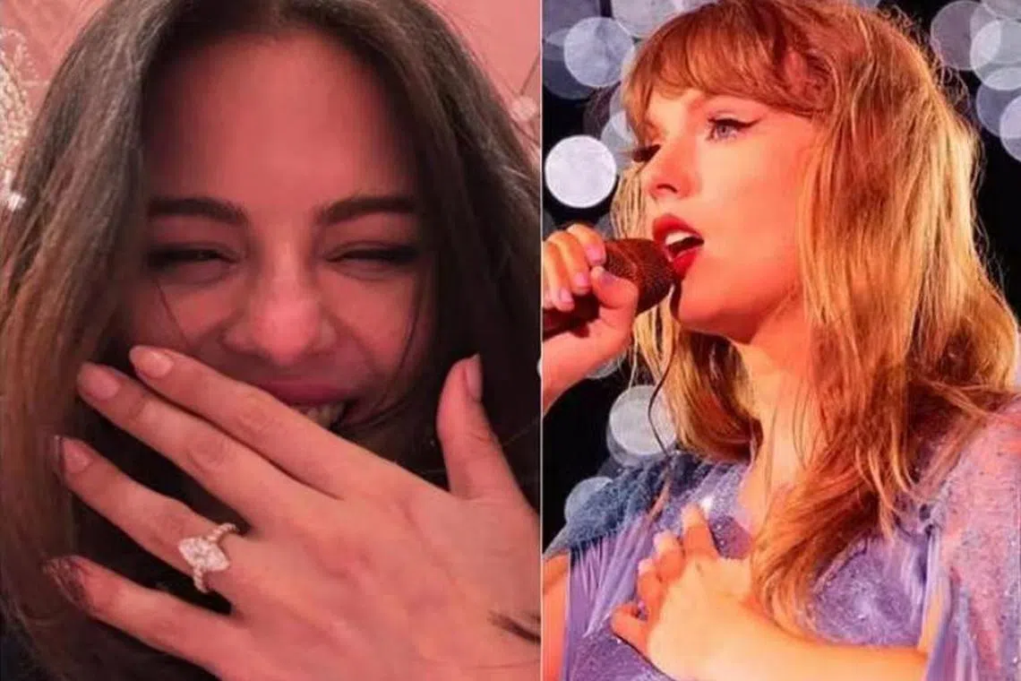 When Selena Gomez (left) announced her engagement to Benny Blanco, she posted photos of herself wearing a marquise diamond engagement ring; on Instagram, Taylor Swift (right) offered to be the “flower girl” at the wedding.