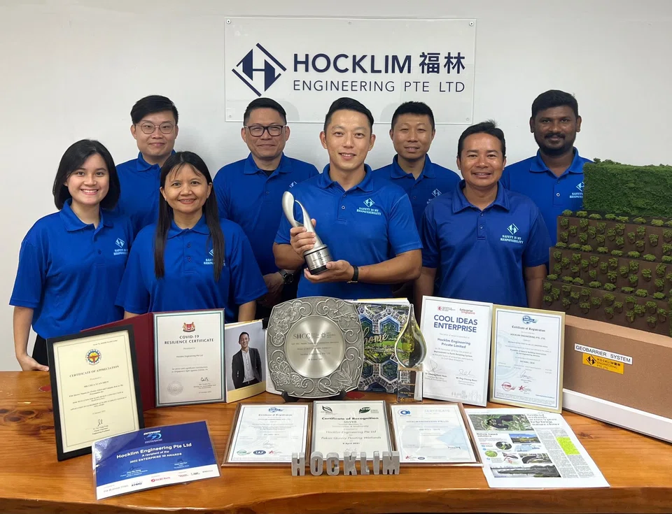 The Hocklim Engineering team: (Front row, from left) Administrative assistant Yap Jia Yi, quantity surveyor Aye Myint Mar, chief executive officer Chua Yuan Shen and senior engineer Kyaw Wunna.
(Back row, from left) Quantity surveyor Shaun Kok, contract manager Benny Neo, operation manager Pei Cao and project engineer Mariyappan Gowrisankar.