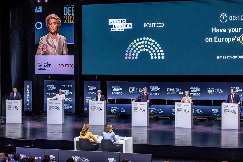 (Second from right) European Commission President Ursula von der Leyen speaks during a debate in Maastricht, Netherlands, April 29, 2024, where party leaders from the European Parliament debate with each other in the run-up to the European elections.
